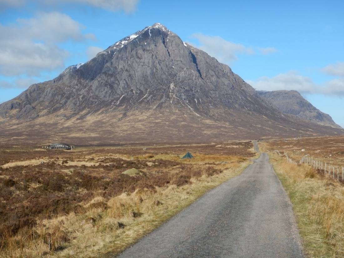 On the old military road just beyond the Kings House Hotel, with a view of the striking mountain, Buachaille Etive Mor, a famous landmark at the entrance of  the Glencoe valley. A stunningly clear day. (Day 7). |  <i>Peter Wells</i>